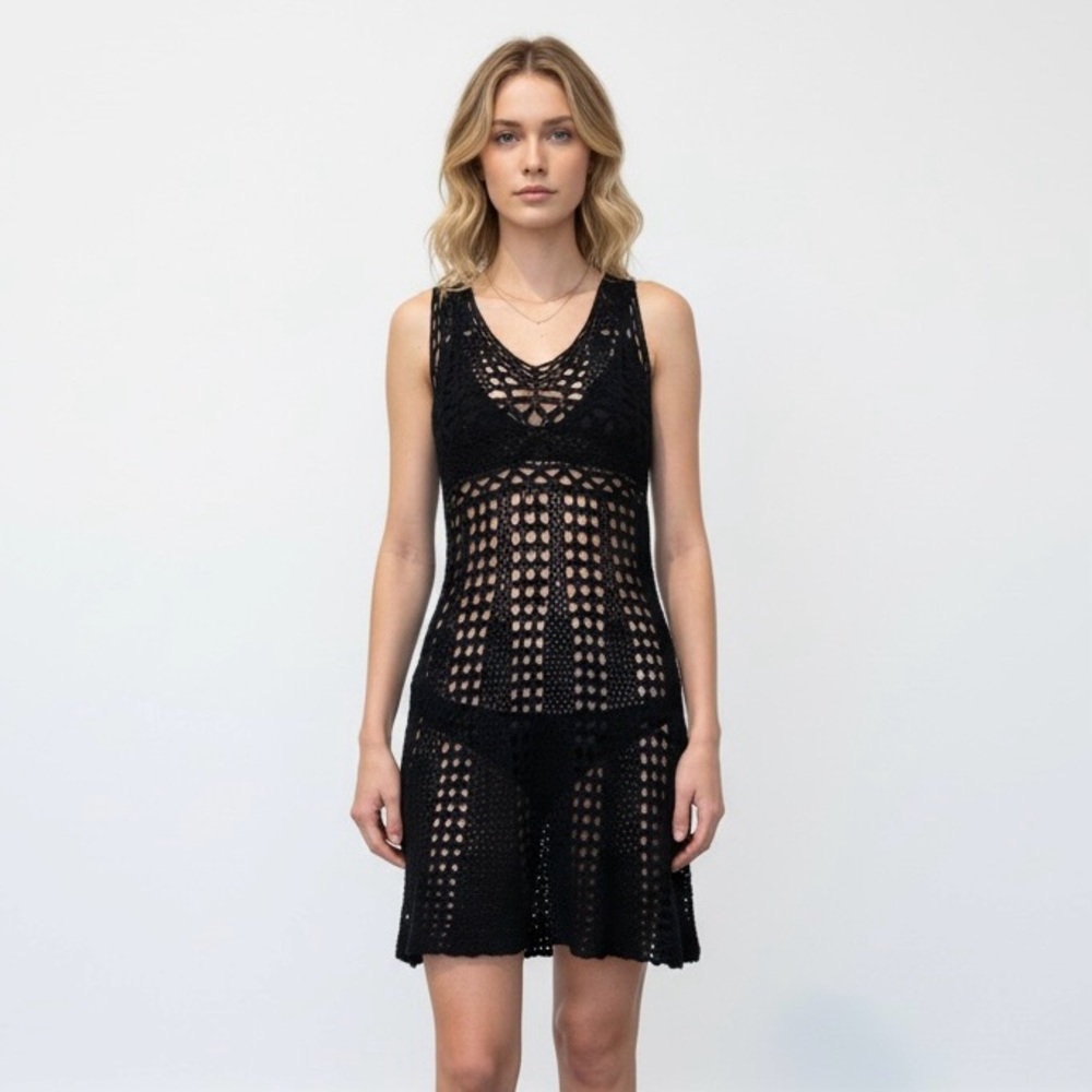 Maggy London Crochet V-Neck Sleeveless Black Swimsuit Coverup Dress